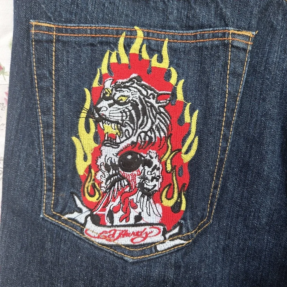 Rare Vintage Ed Hardy Christian Audigier Tiger In Flames Embroidered Jean  38x34